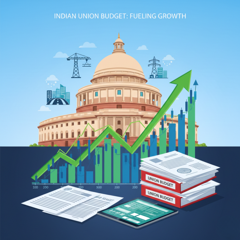 Illustration showing Indian financial growth with stock charts, books, documents, and a government building in the background, representing business and investment.