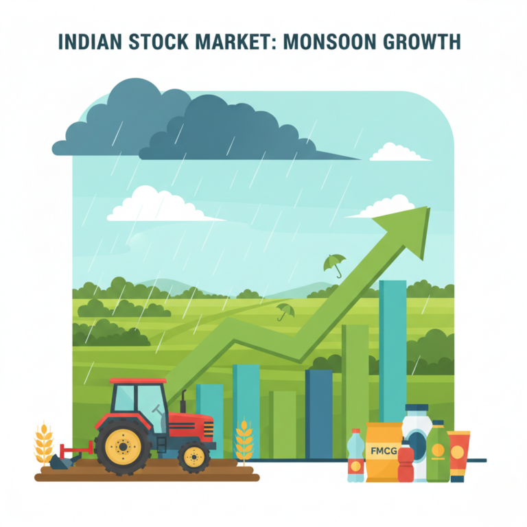 Illustration showing stock market growth during the monsoon season, with green upward arrows, bar graphs, and seasonal elements like clouds and rain.