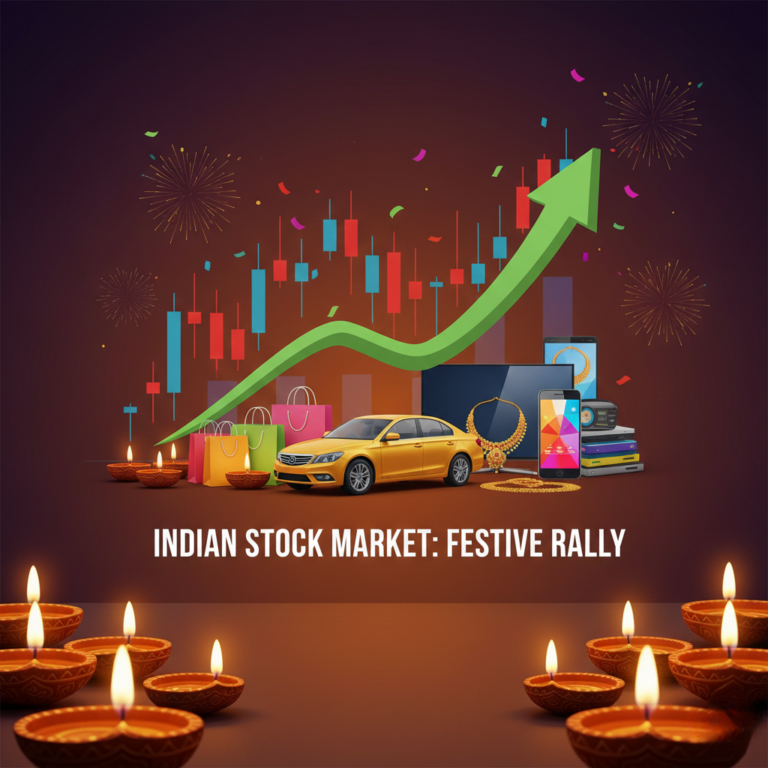Indian stock market festive rally illustration with rising green arrow, stock charts, Diya lamps, and festive decor.