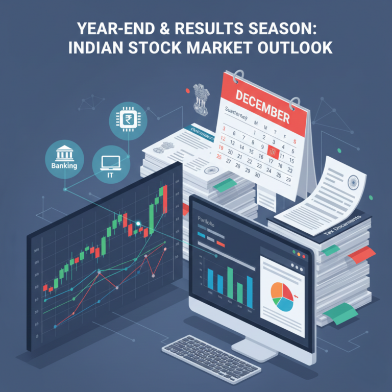Year-end and December results season stock market analysis showing charts, reports, and trading performance dashboard