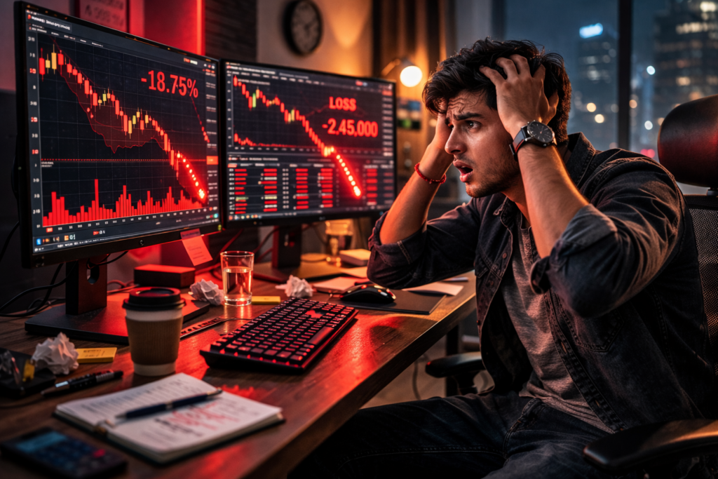 Beginner Indian stock trader stressed after losing money, emotional reaction while watching red trading charts and market losses