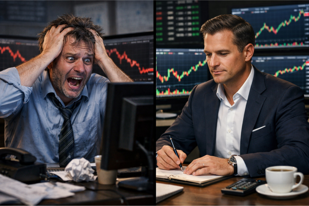 A side-by-side comparison of a stressed, shouting stock trader in a messy office and a calm, professional investor writing in a notebook at a clean desk