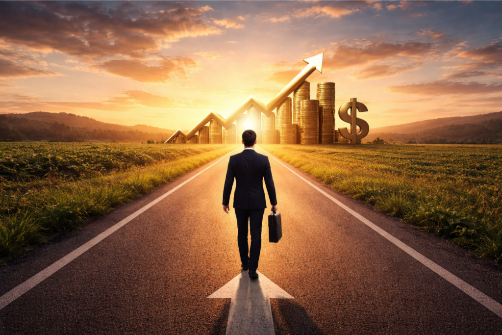 A businessman with a briefcase walking down a long road toward a golden sunrise where a rising stock market arrow, stacks of coins, and a dollar sign represent financial success