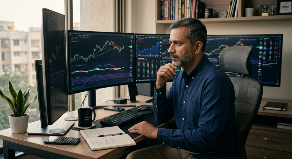 Consistent stock trading strategy showing disciplined trader analyzing market charts