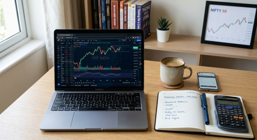 Person learning stock market trading online using laptop with charts and financial graphs