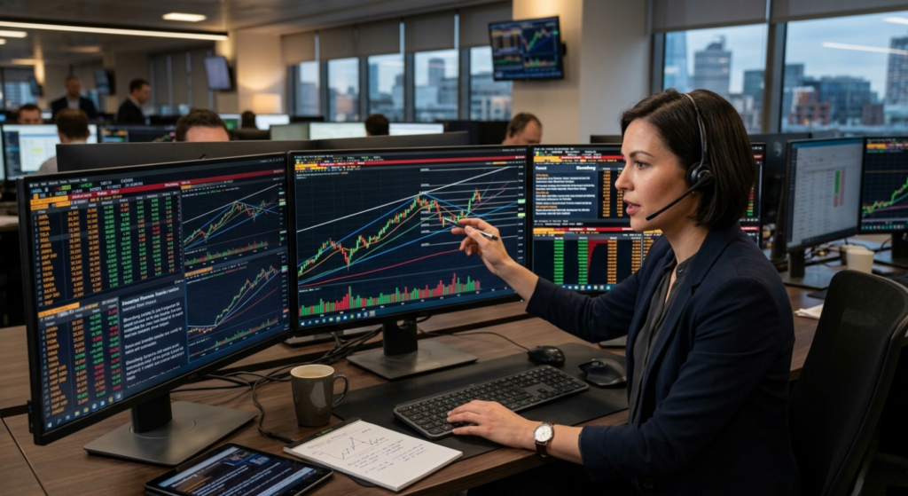Trader analyzing stock market charts to identify market trends before taking a trade