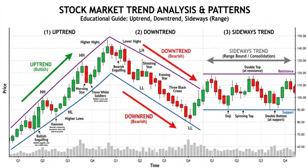 Example of stock market uptrend downtrend and sideways trend in trading