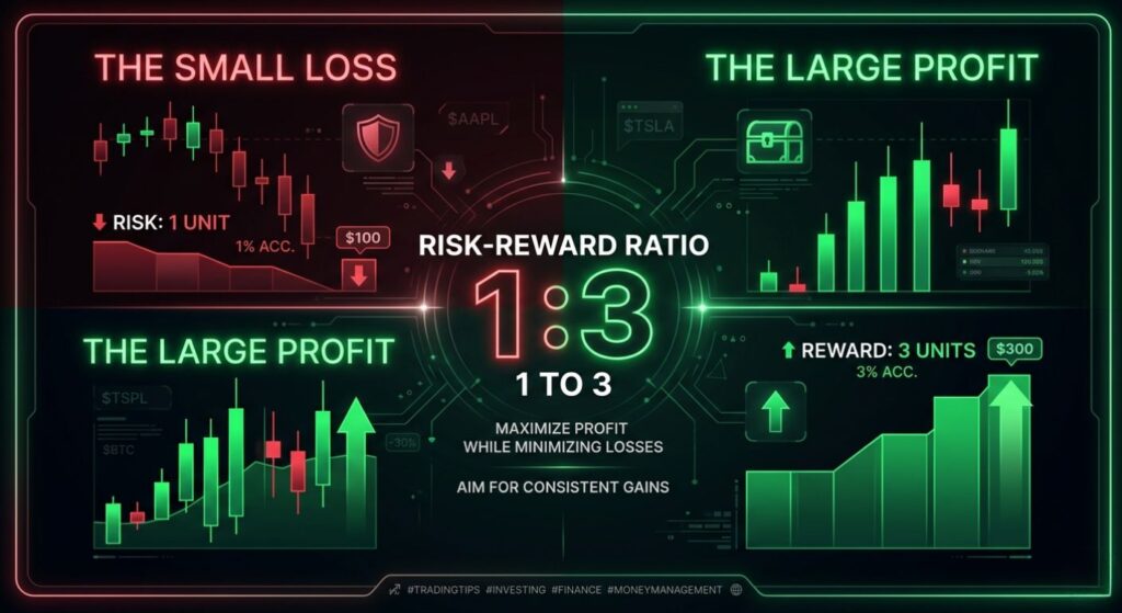 Risk reward ratio in trading showing 1:3 profit vs loss infographic with stock market charts