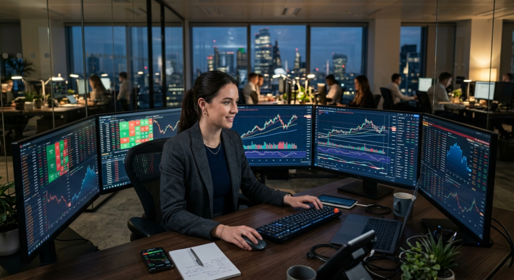 Young trader analyzing stock charts on multiple screens with financial graphs, confident and focused
