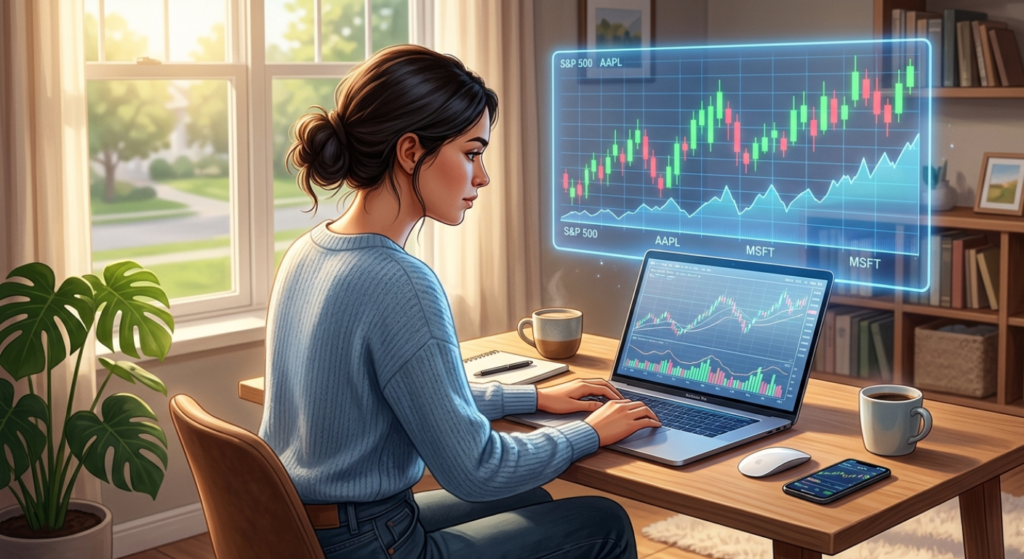 Person working on stock market analysis on a laptop with charts and graphs on screen in a modern home office