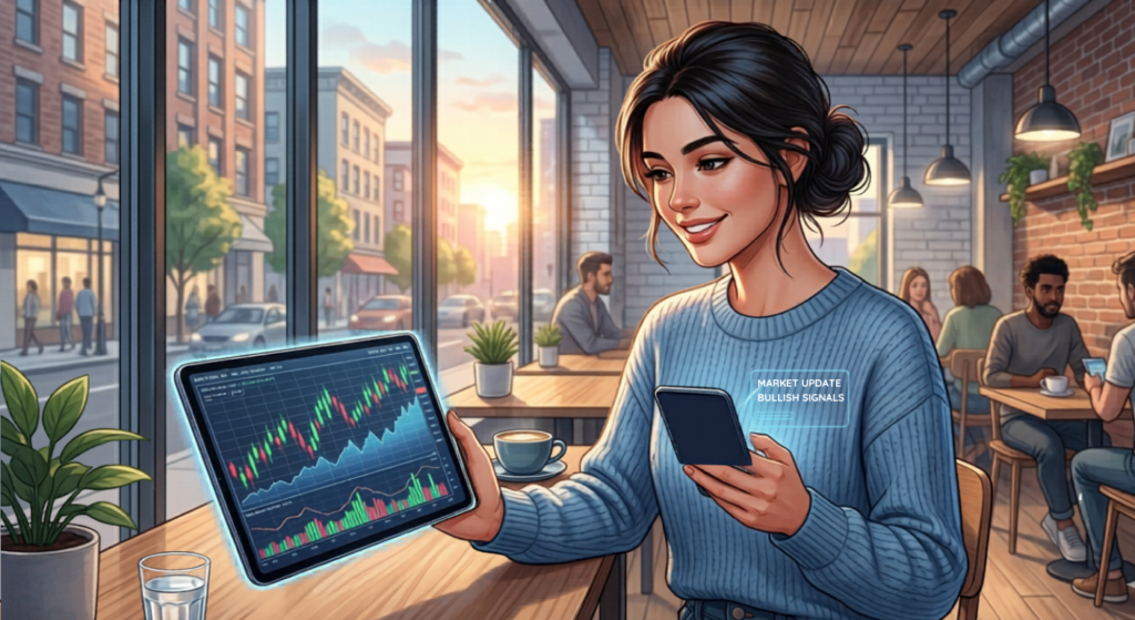 Confident trader monitoring stock market fluctuations on multiple devices in a modern cafe