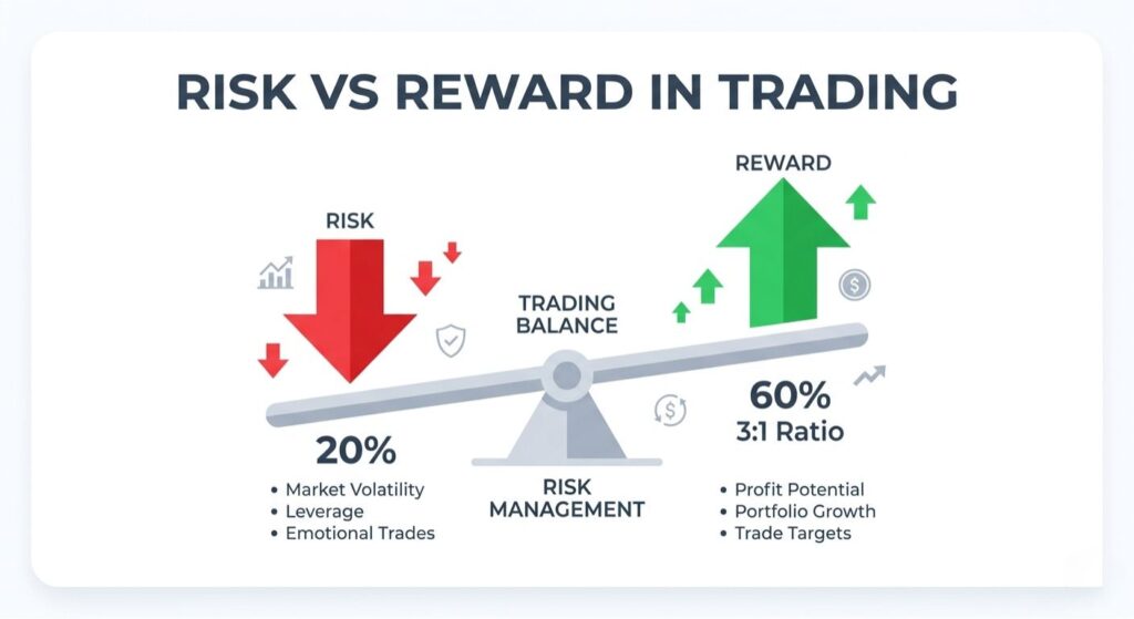 Risk reward ratio in trading showing 1:3 profit vs loss infographic with stock market charts