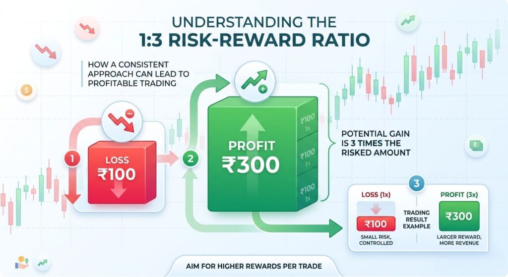 Risk reward ratio in trading showing 1:3 profit vs loss infographic with stock market charts