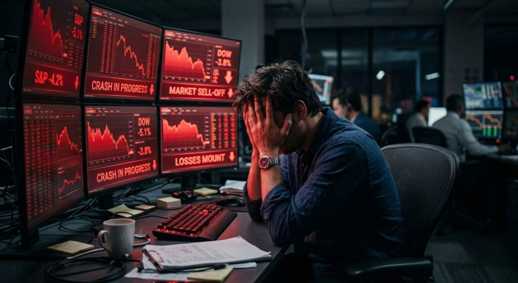 Stressed stock trader analyzing red charts showing losses on multiple screens