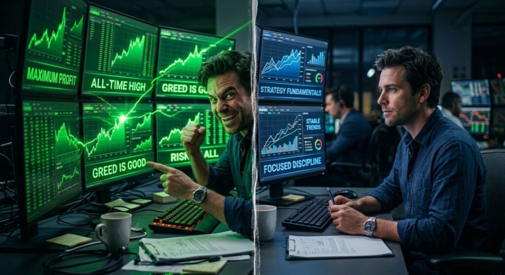 Greedy vs disciplined trader comparison with stock market charts