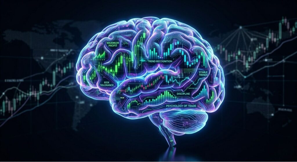Human brain with stock market charts representing trading psychology